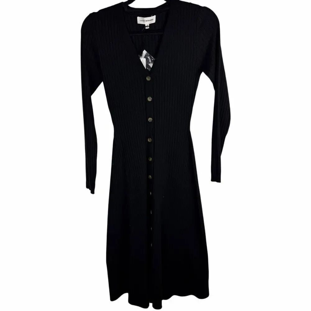 NWT lucky brand button up sweater dress- black with brown buttons/ size m